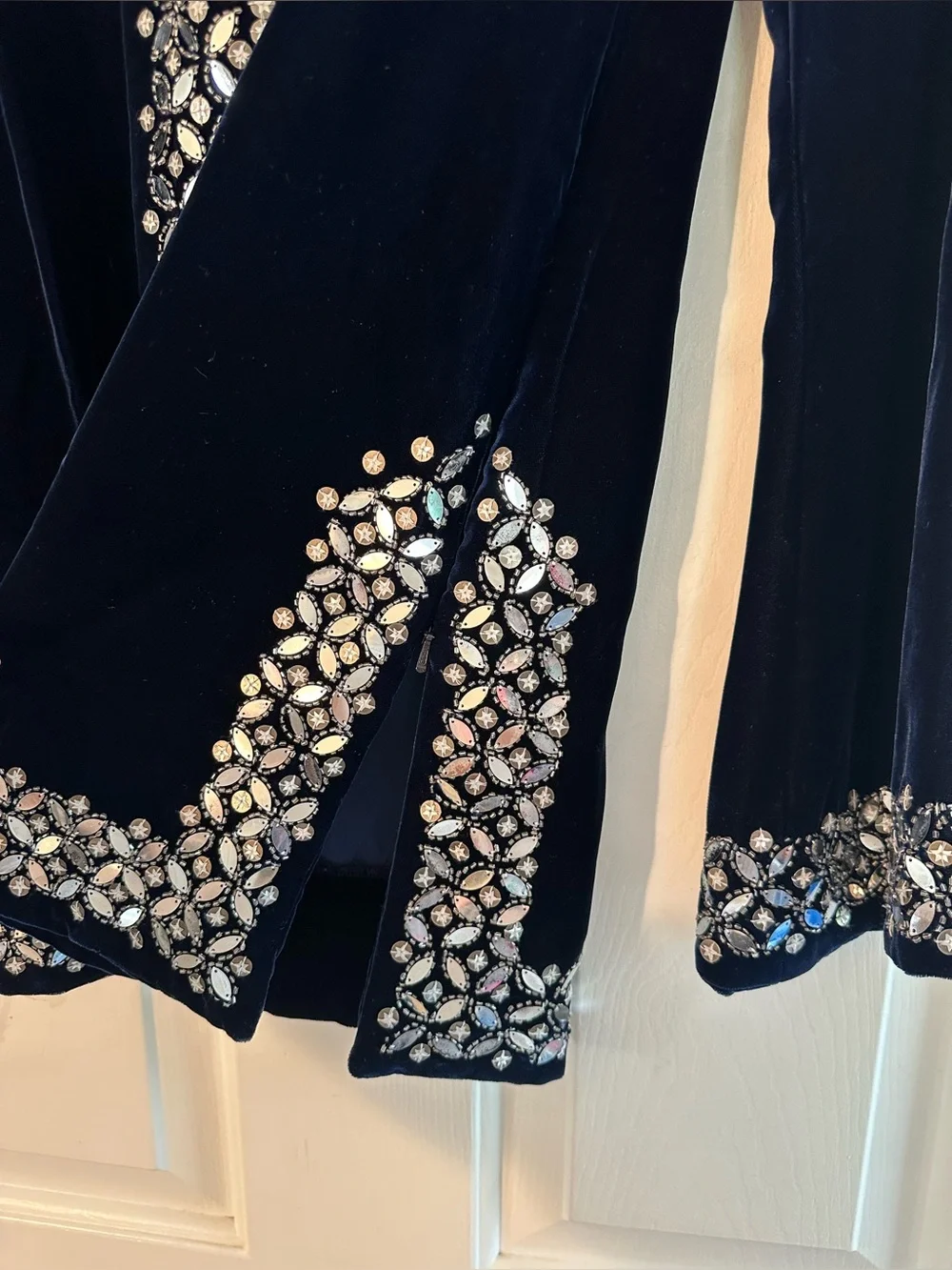 TORY BURCH 2 Vntg Hong Kong Y2K Navy Velvet Embellished Tunic Wide Leg Pants Set